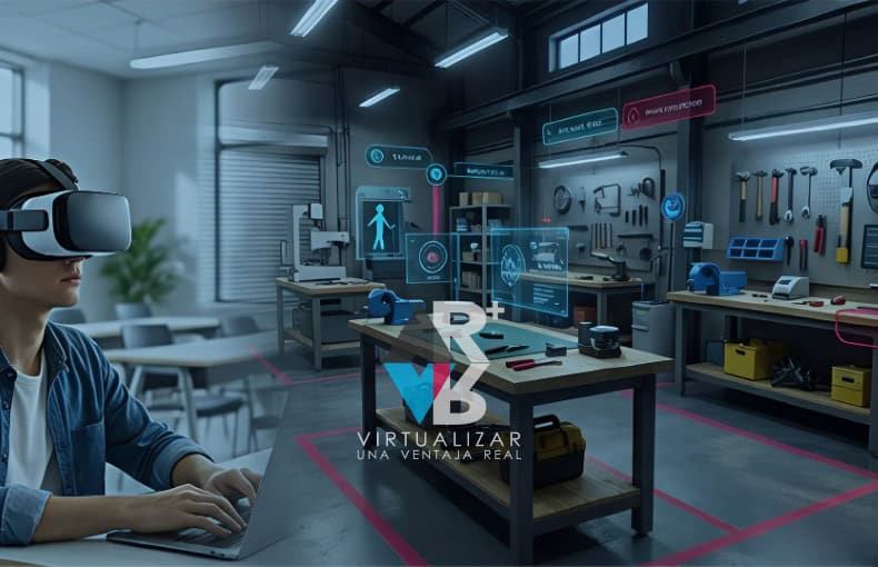 Estudiante utilizando realidad virtual en laboratorio XR para capacitación técnica con simulación de equipos y entrenamiento práctico seguro