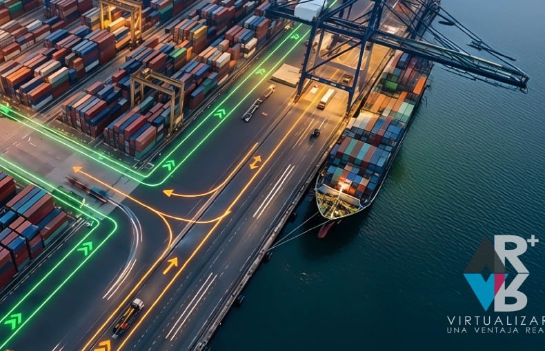 Entrenamiento VR en logística y seguridad portuaria simulando rutas de transporte de carga en terminal marítimo