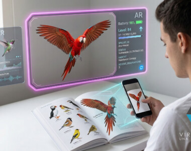 Libro interactivo con aplicación móvil mostrando contenido 3D en libros con realidad aumentada