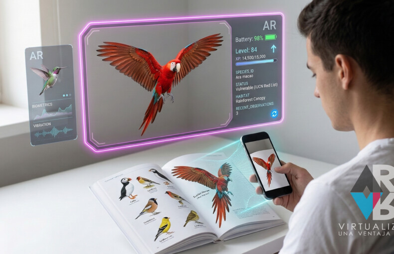 Libro interactivo con aplicación móvil mostrando contenido 3D en libros con realidad aumentada