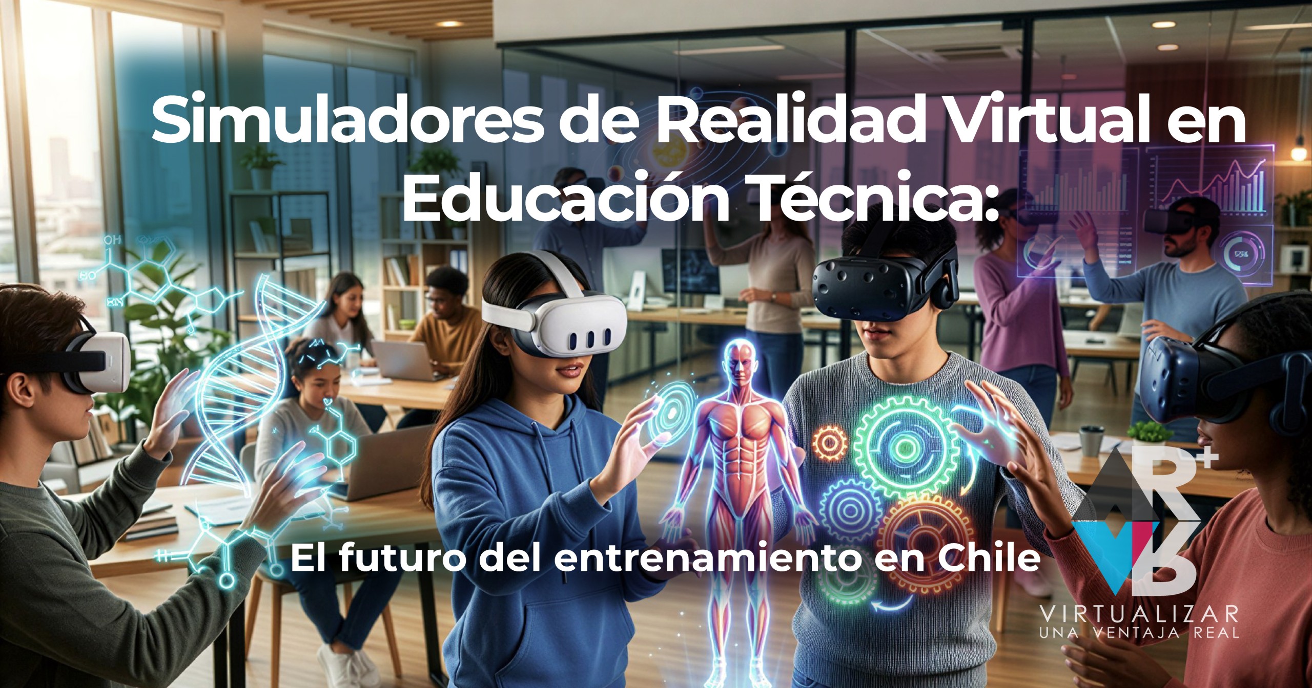Simuladores de Realidad Virtual en educación técnica con estudiantes interactuando en entorno inmersivo de capacitación industrial