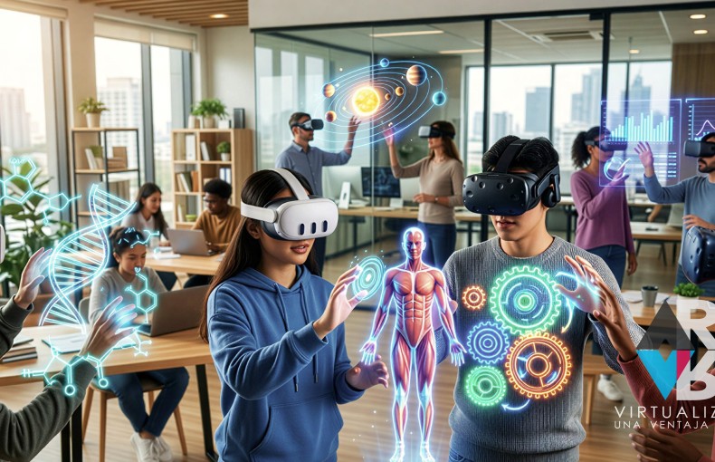 Simuladores de Realidad Virtual en educación técnica con estudiantes interactuando en entorno inmersivo de capacitación industrial